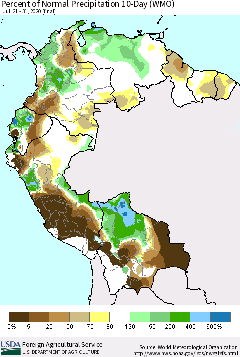 Northern South America Percent of Normal Precipitation 10-Day (WMO) Thematic Map For 7/21/2020 - 7/31/2020