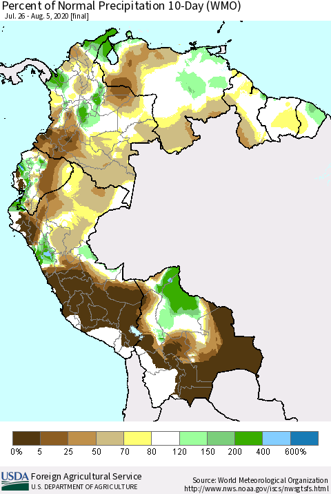 Northern South America Percent of Normal Precipitation 10-Day (WMO) Thematic Map For 7/26/2020 - 8/5/2020