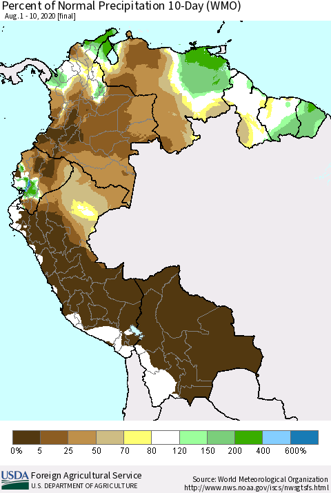 Northern South America Percent of Normal Precipitation 10-Day (WMO) Thematic Map For 8/1/2020 - 8/10/2020