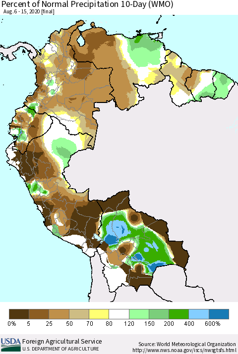Northern South America Percent of Normal Precipitation 10-Day (WMO) Thematic Map For 8/6/2020 - 8/15/2020