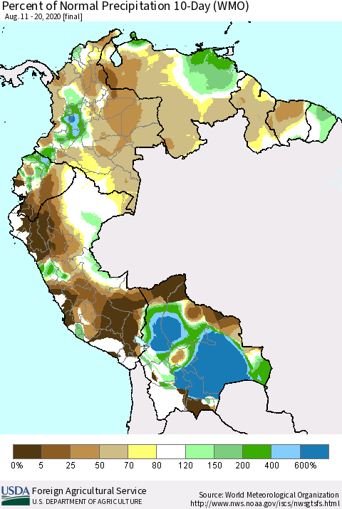 Northern South America Percent of Normal Precipitation 10-Day (WMO) Thematic Map For 8/11/2020 - 8/20/2020