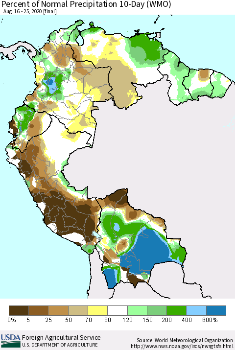 Northern South America Percent of Normal Precipitation 10-Day (WMO) Thematic Map For 8/16/2020 - 8/25/2020