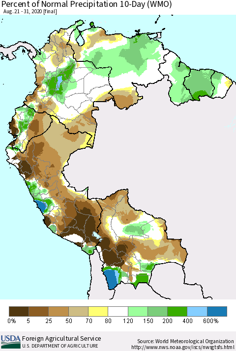 Northern South America Percent of Normal Precipitation 10-Day (WMO) Thematic Map For 8/21/2020 - 8/31/2020