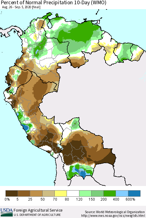 Northern South America Percent of Normal Precipitation 10-Day (WMO) Thematic Map For 8/26/2020 - 9/5/2020