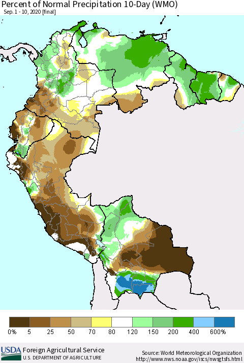 Northern South America Percent of Normal Precipitation 10-Day (WMO) Thematic Map For 9/1/2020 - 9/10/2020