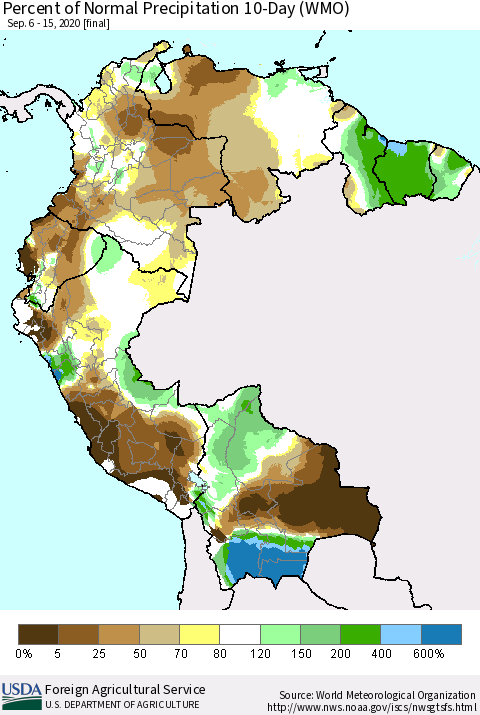 Northern South America Percent of Normal Precipitation 10-Day (WMO) Thematic Map For 9/6/2020 - 9/15/2020