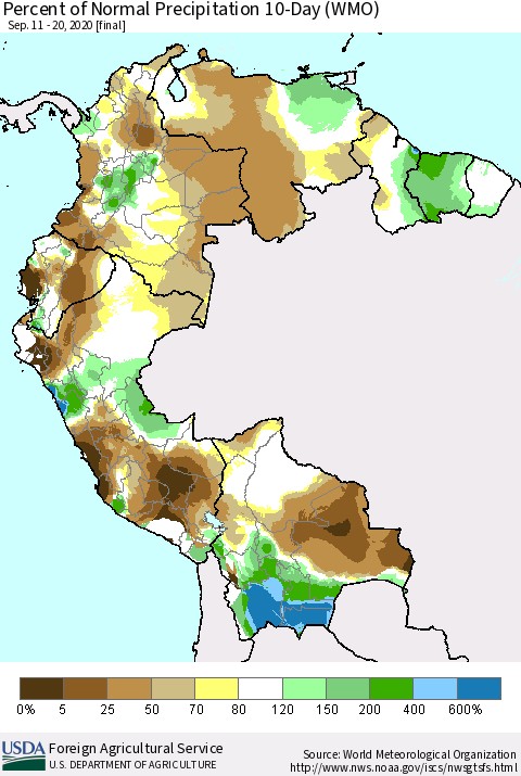 Northern South America Percent of Normal Precipitation 10-Day (WMO) Thematic Map For 9/11/2020 - 9/20/2020