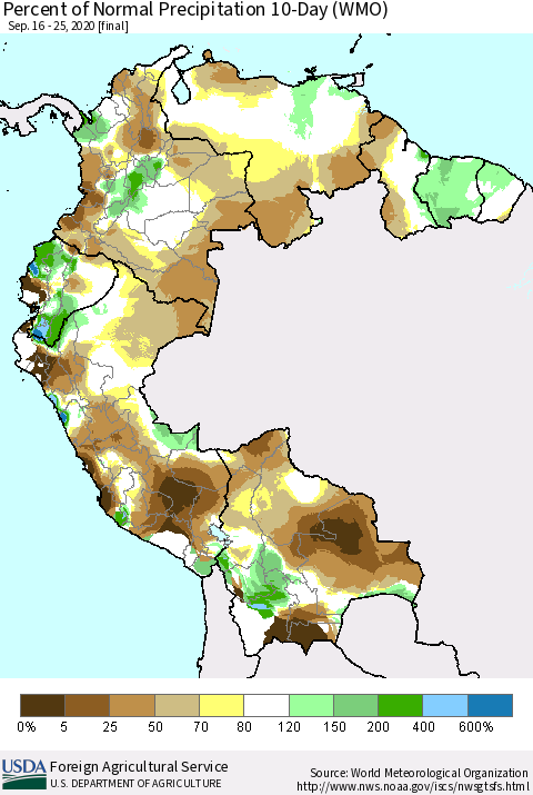 Northern South America Percent of Normal Precipitation 10-Day (WMO) Thematic Map For 9/16/2020 - 9/25/2020