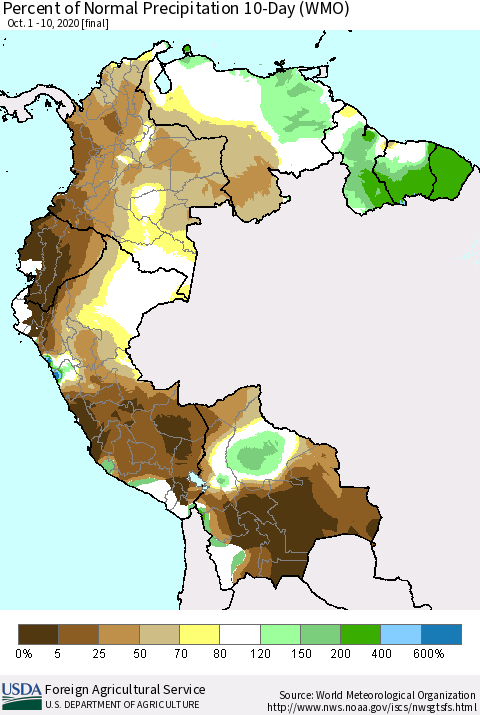 Northern South America Percent of Normal Precipitation 10-Day (WMO) Thematic Map For 10/1/2020 - 10/10/2020