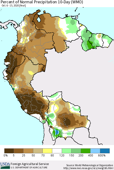 Northern South America Percent of Normal Precipitation 10-Day (WMO) Thematic Map For 10/6/2020 - 10/15/2020