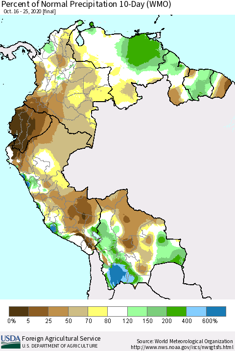 Northern South America Percent of Normal Precipitation 10-Day (WMO) Thematic Map For 10/16/2020 - 10/25/2020