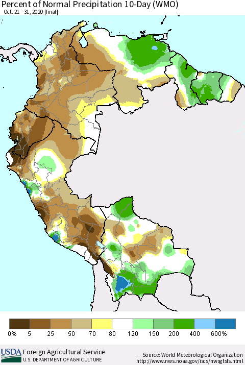 Northern South America Percent of Normal Precipitation 10-Day (WMO) Thematic Map For 10/21/2020 - 10/31/2020