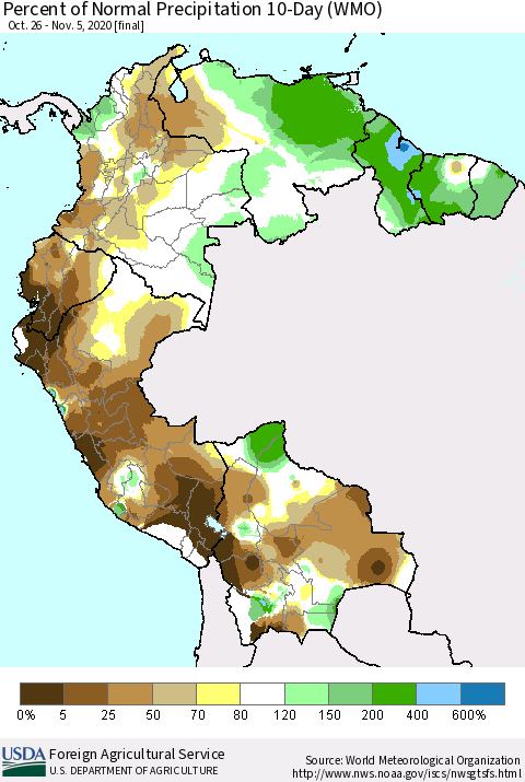 Northern South America Percent of Normal Precipitation 10-Day (WMO) Thematic Map For 10/26/2020 - 11/5/2020
