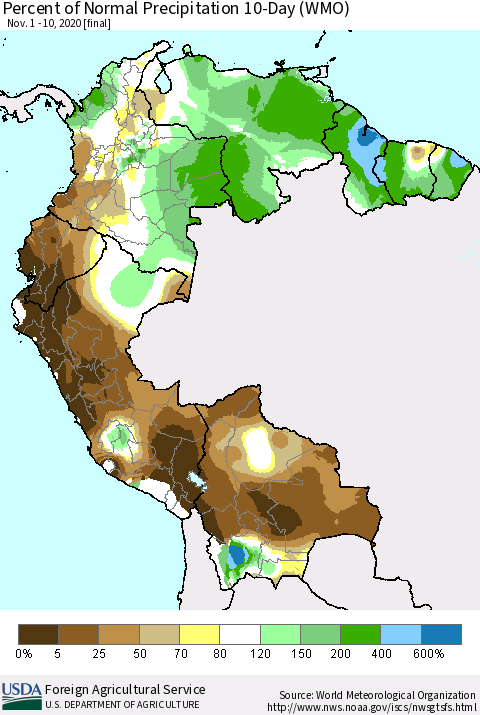 Northern South America Percent of Normal Precipitation 10-Day (WMO) Thematic Map For 11/1/2020 - 11/10/2020