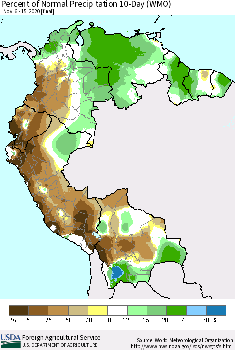 Northern South America Percent of Normal Precipitation 10-Day (WMO) Thematic Map For 11/6/2020 - 11/15/2020