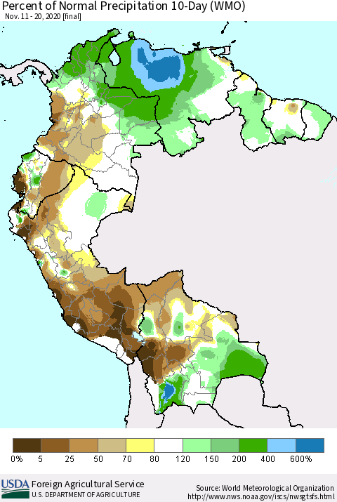 Northern South America Percent of Normal Precipitation 10-Day (WMO) Thematic Map For 11/11/2020 - 11/20/2020