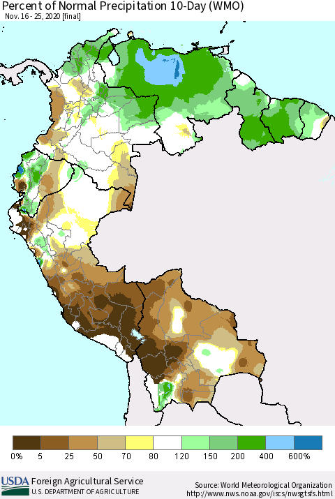 Northern South America Percent of Normal Precipitation 10-Day (WMO) Thematic Map For 11/16/2020 - 11/25/2020
