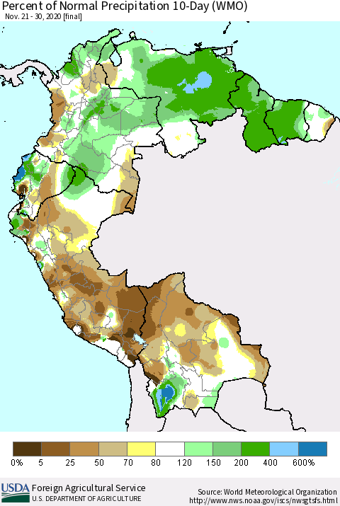 Northern South America Percent of Normal Precipitation 10-Day (WMO) Thematic Map For 11/21/2020 - 11/30/2020