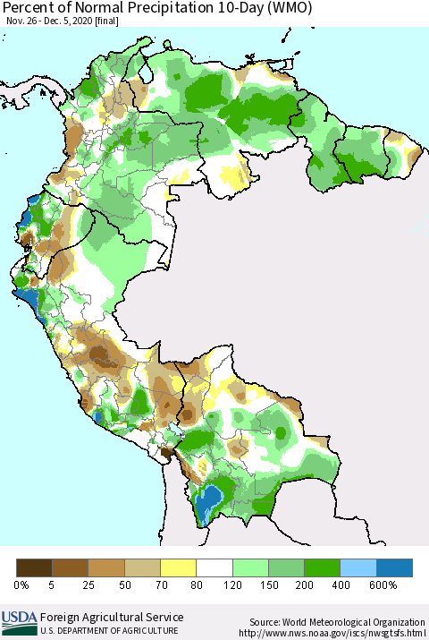 Northern South America Percent of Normal Precipitation 10-Day (WMO) Thematic Map For 11/26/2020 - 12/5/2020