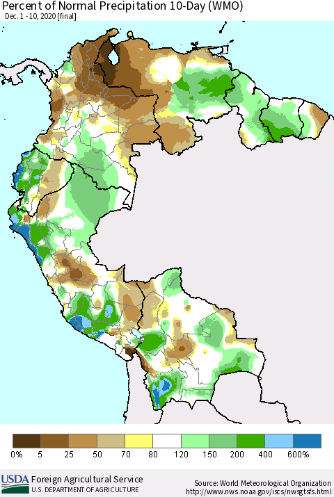 Northern South America Percent of Normal Precipitation 10-Day (WMO) Thematic Map For 12/1/2020 - 12/10/2020