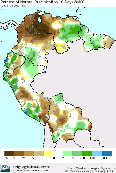 Northern South America Percent of Normal Precipitation 10-Day (WMO) Thematic Map For 12/6/2020 - 12/15/2020