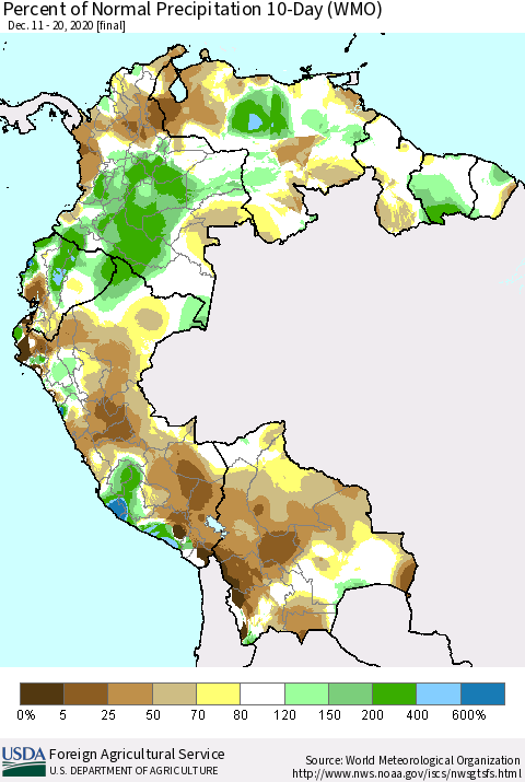 Northern South America Percent of Normal Precipitation 10-Day (WMO) Thematic Map For 12/11/2020 - 12/20/2020