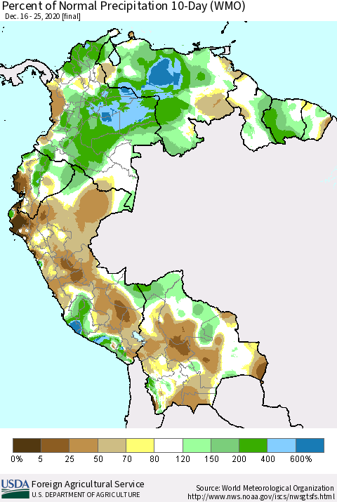 Northern South America Percent of Normal Precipitation 10-Day (WMO) Thematic Map For 12/16/2020 - 12/25/2020