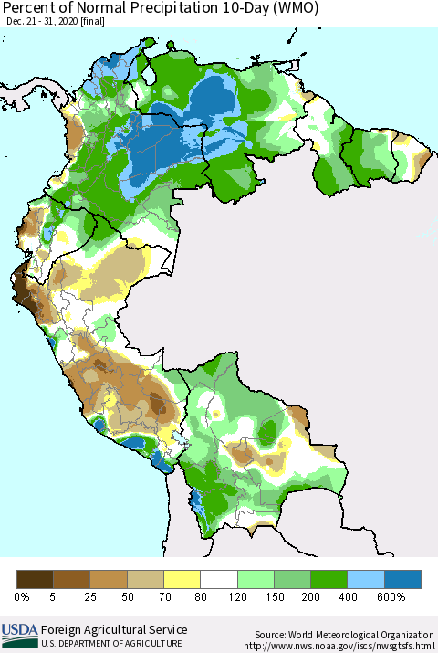 Northern South America Percent of Normal Precipitation 10-Day (WMO) Thematic Map For 12/21/2020 - 12/31/2020