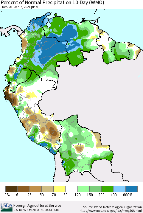 Northern South America Percent of Normal Precipitation 10-Day (WMO) Thematic Map For 12/26/2020 - 1/5/2021