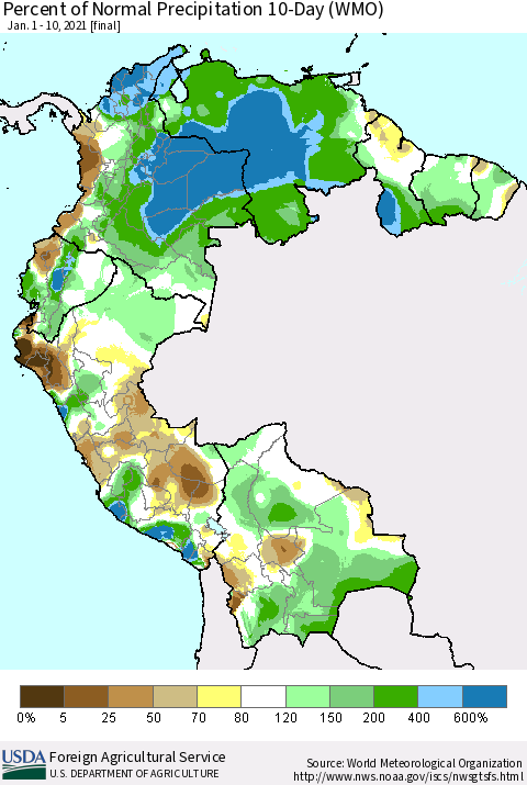 Northern South America Percent of Normal Precipitation 10-Day (WMO) Thematic Map For 1/1/2021 - 1/10/2021