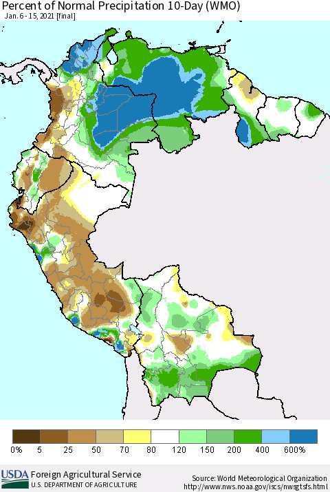 Northern South America Percent of Normal Precipitation 10-Day (WMO) Thematic Map For 1/6/2021 - 1/15/2021