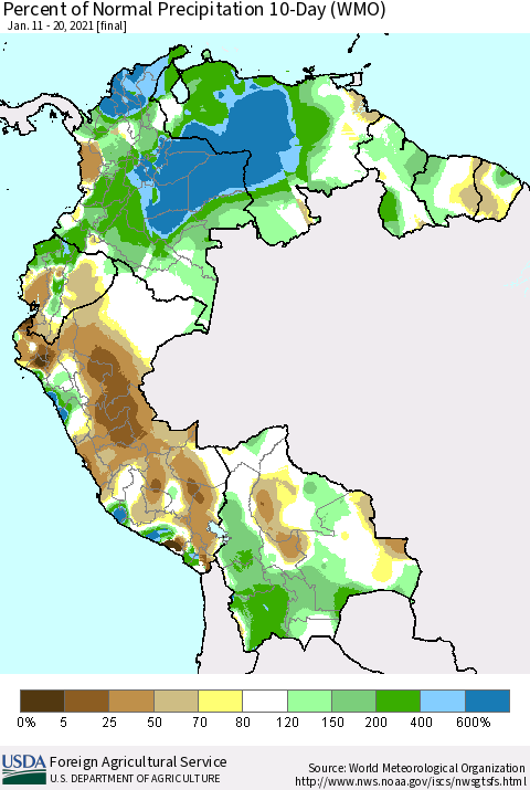 Northern South America Percent of Normal Precipitation 10-Day (WMO) Thematic Map For 1/11/2021 - 1/20/2021