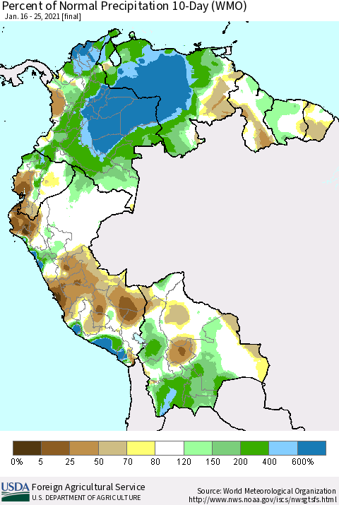 Northern South America Percent of Normal Precipitation 10-Day (WMO) Thematic Map For 1/16/2021 - 1/25/2021