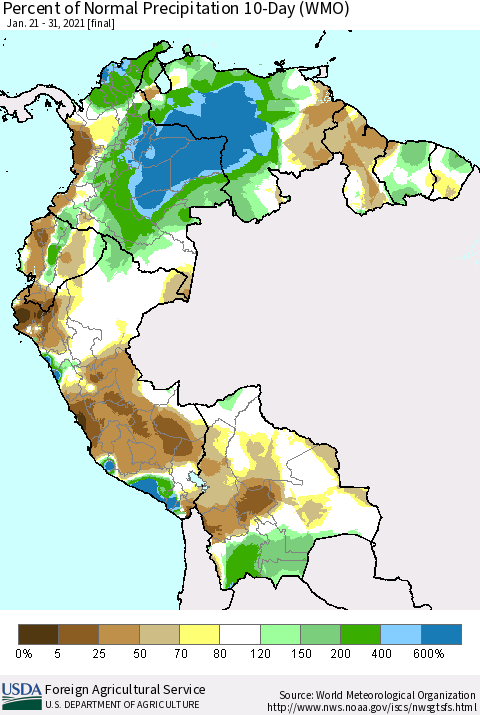 Northern South America Percent of Normal Precipitation 10-Day (WMO) Thematic Map For 1/21/2021 - 1/31/2021