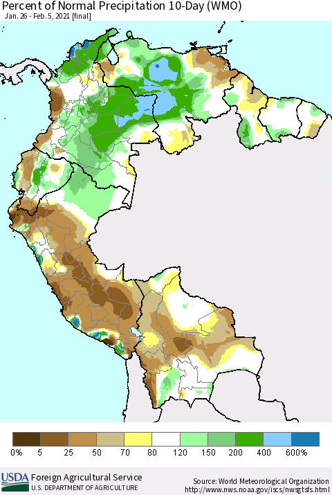Northern South America Percent of Normal Precipitation 10-Day (WMO) Thematic Map For 1/26/2021 - 2/5/2021