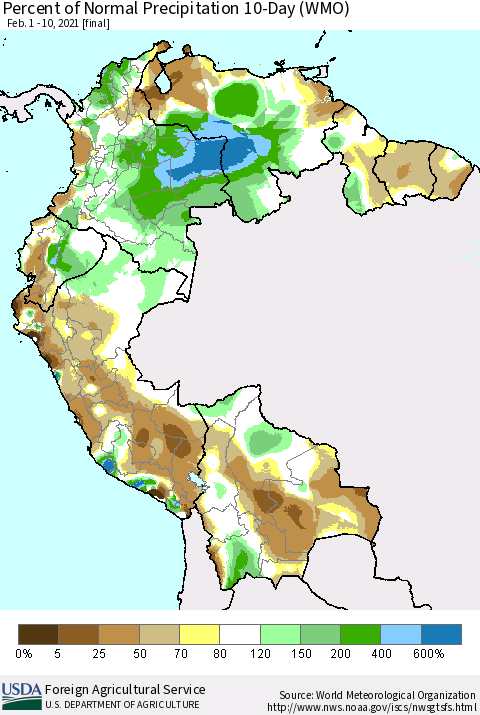 Northern South America Percent of Normal Precipitation 10-Day (WMO) Thematic Map For 2/1/2021 - 2/10/2021