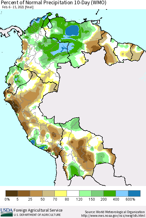 Northern South America Percent of Normal Precipitation 10-Day (WMO) Thematic Map For 2/6/2021 - 2/15/2021