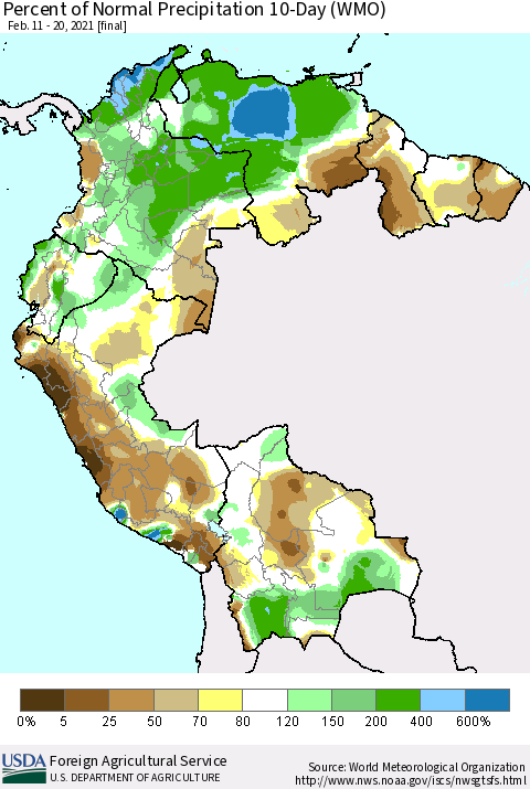 Northern South America Percent of Normal Precipitation 10-Day (WMO) Thematic Map For 2/11/2021 - 2/20/2021