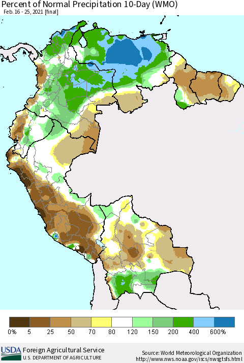 Northern South America Percent of Normal Precipitation 10-Day (WMO) Thematic Map For 2/16/2021 - 2/25/2021