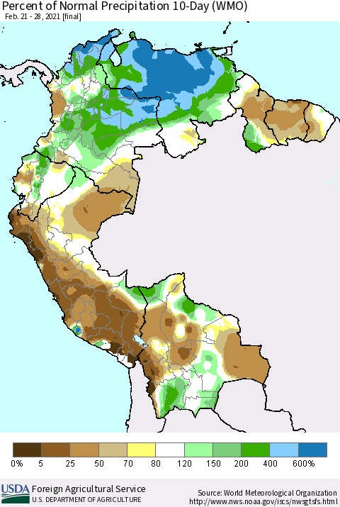 Northern South America Percent of Normal Precipitation 10-Day (WMO) Thematic Map For 2/21/2021 - 2/28/2021