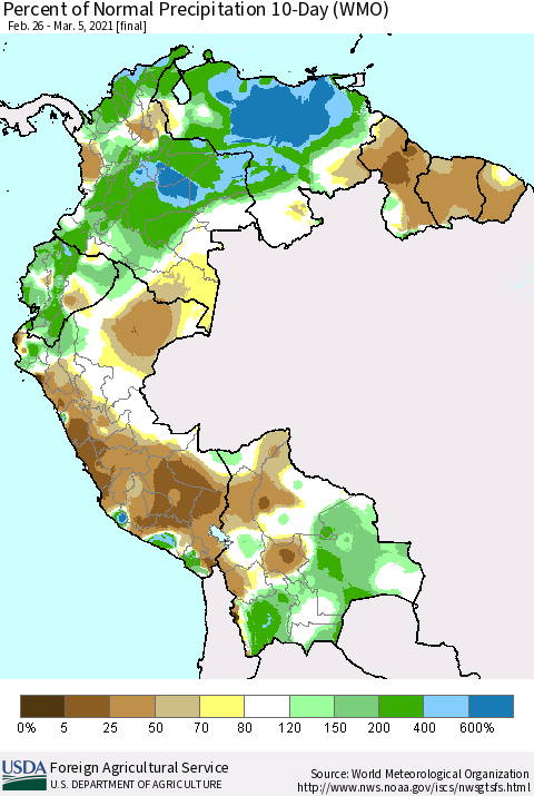 Northern South America Percent of Normal Precipitation 10-Day (WMO) Thematic Map For 2/26/2021 - 3/5/2021