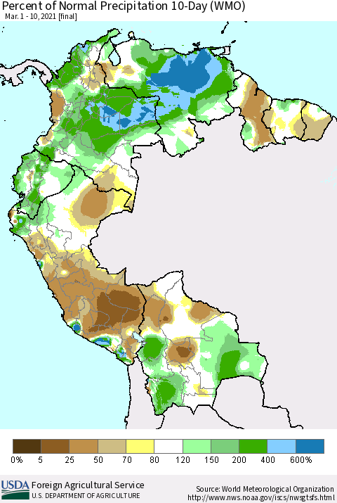 Northern South America Percent of Normal Precipitation 10-Day (WMO) Thematic Map For 3/1/2021 - 3/10/2021