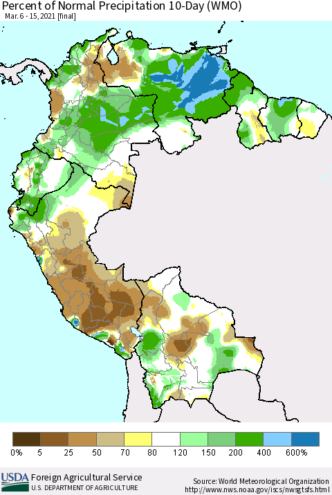 Northern South America Percent of Normal Precipitation 10-Day (WMO) Thematic Map For 3/6/2021 - 3/15/2021
