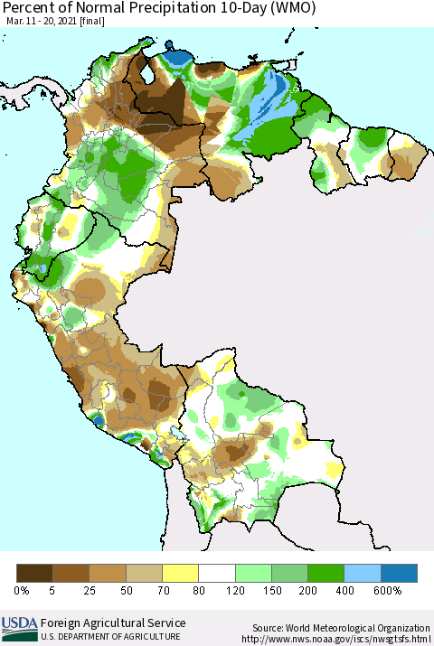Northern South America Percent of Normal Precipitation 10-Day (WMO) Thematic Map For 3/11/2021 - 3/20/2021