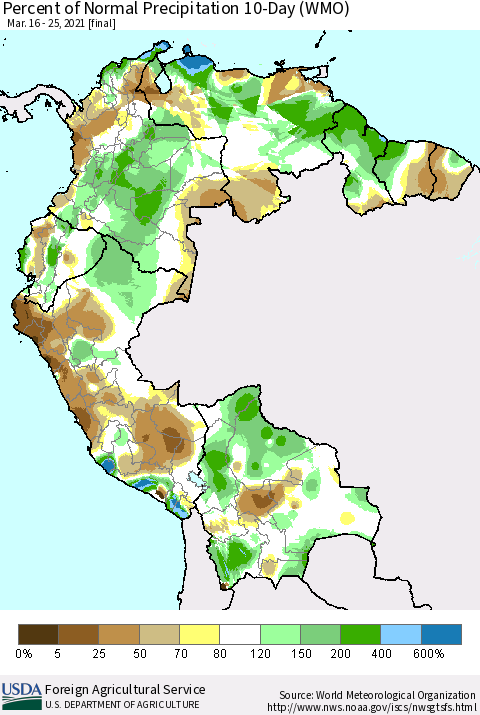 Northern South America Percent of Normal Precipitation 10-Day (WMO) Thematic Map For 3/16/2021 - 3/25/2021