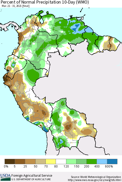 Northern South America Percent of Normal Precipitation 10-Day (WMO) Thematic Map For 3/21/2021 - 3/31/2021