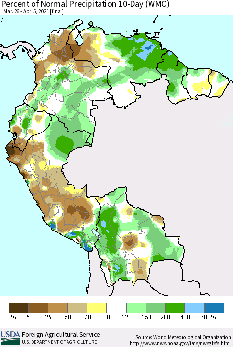 Northern South America Percent of Normal Precipitation 10-Day (WMO) Thematic Map For 3/26/2021 - 4/5/2021