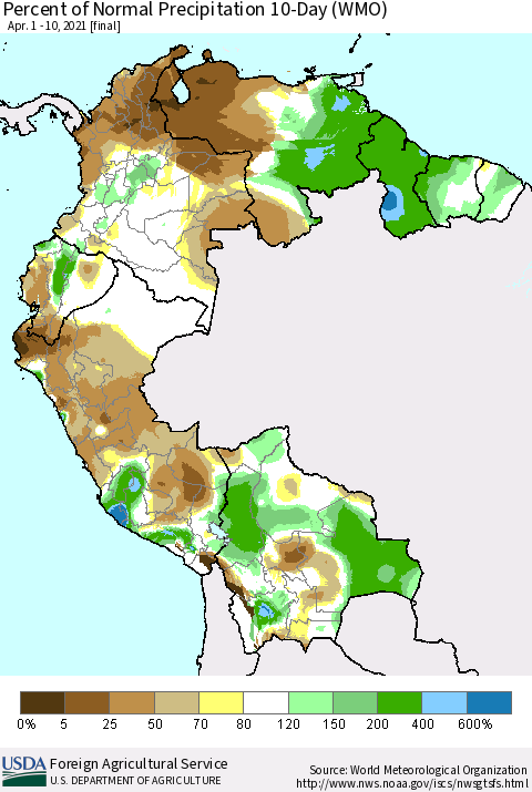 Northern South America Percent of Normal Precipitation 10-Day (WMO) Thematic Map For 4/1/2021 - 4/10/2021