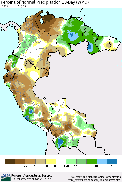Northern South America Percent of Normal Precipitation 10-Day (WMO) Thematic Map For 4/6/2021 - 4/15/2021