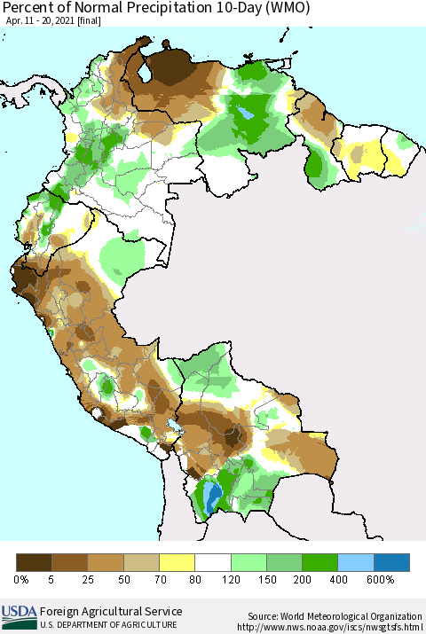 Northern South America Percent of Normal Precipitation 10-Day (WMO) Thematic Map For 4/11/2021 - 4/20/2021